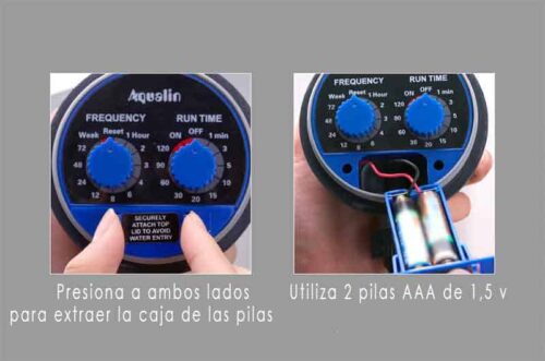 Alojamiento de las baterías en el temporizador de riegoo a pilas Aqualin