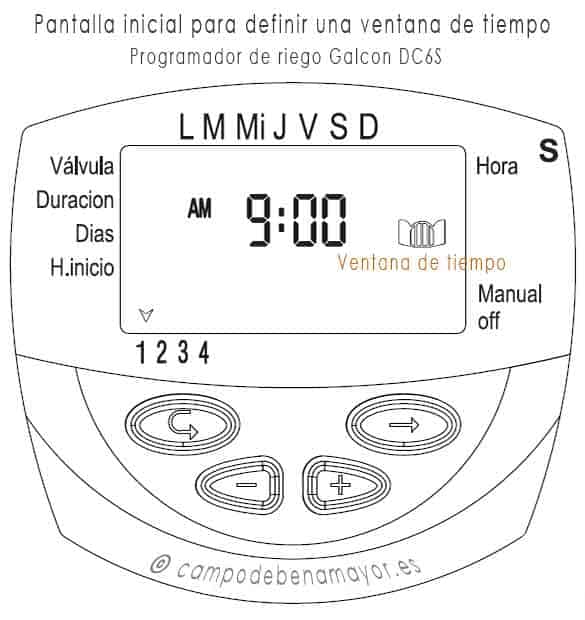 Pantalla para configurar la ventana de tiempo en el programador de riego Galcon DC-6S